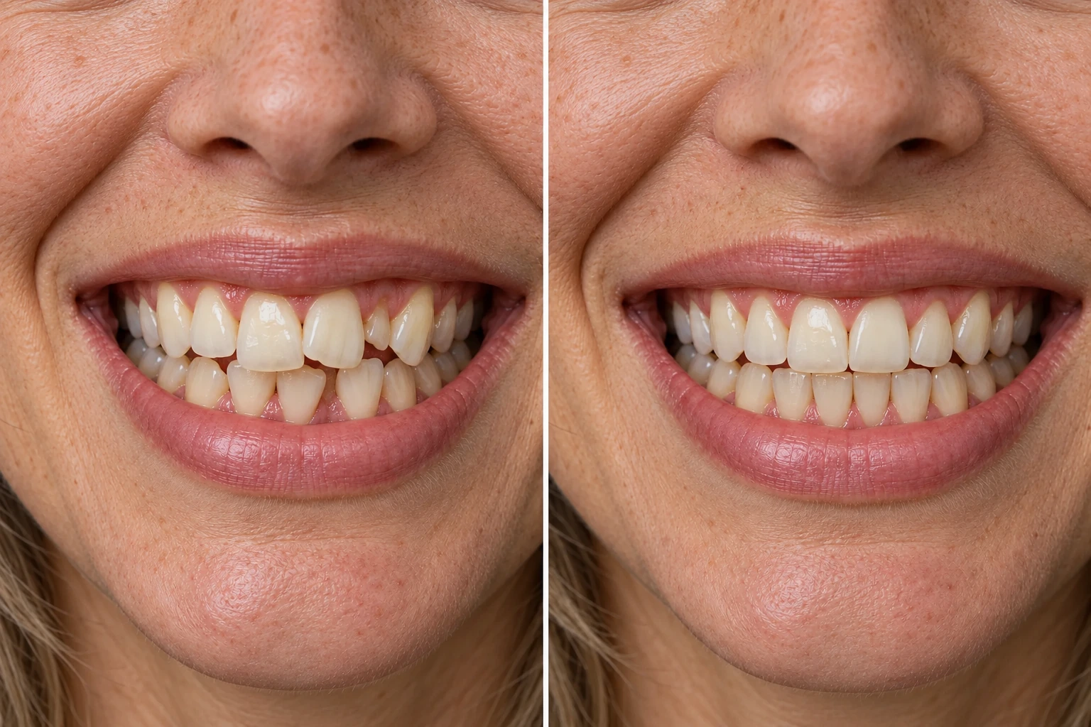Alinhamento dental: a mesma pessoa antes e depois do tratamento