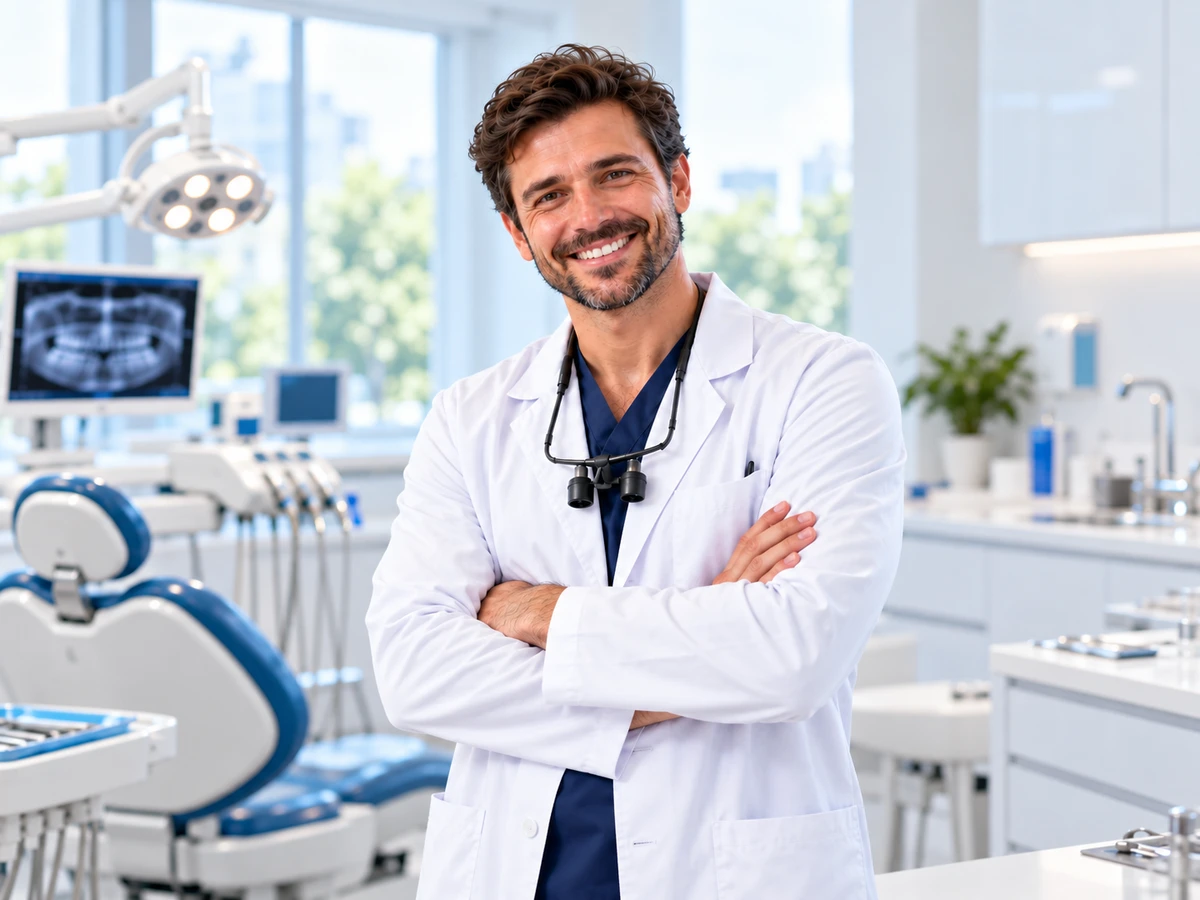Dr. Dias sorrindo no consultório com os braços cruzados