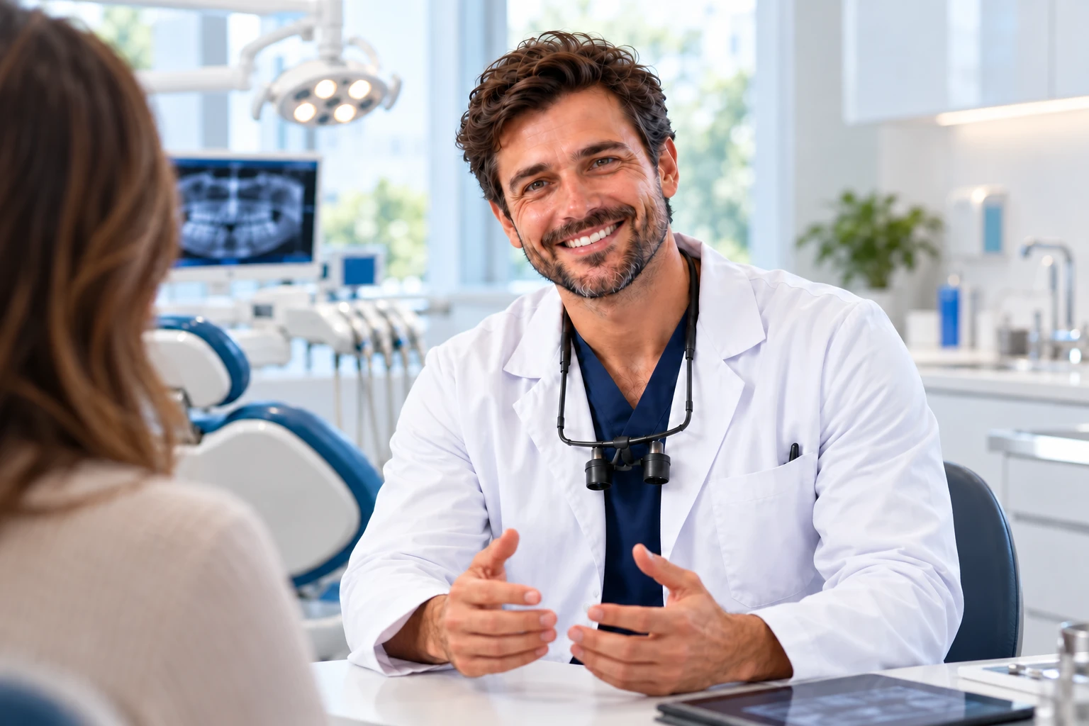 Dr. Dias sorrindo em um consultório odontológico
