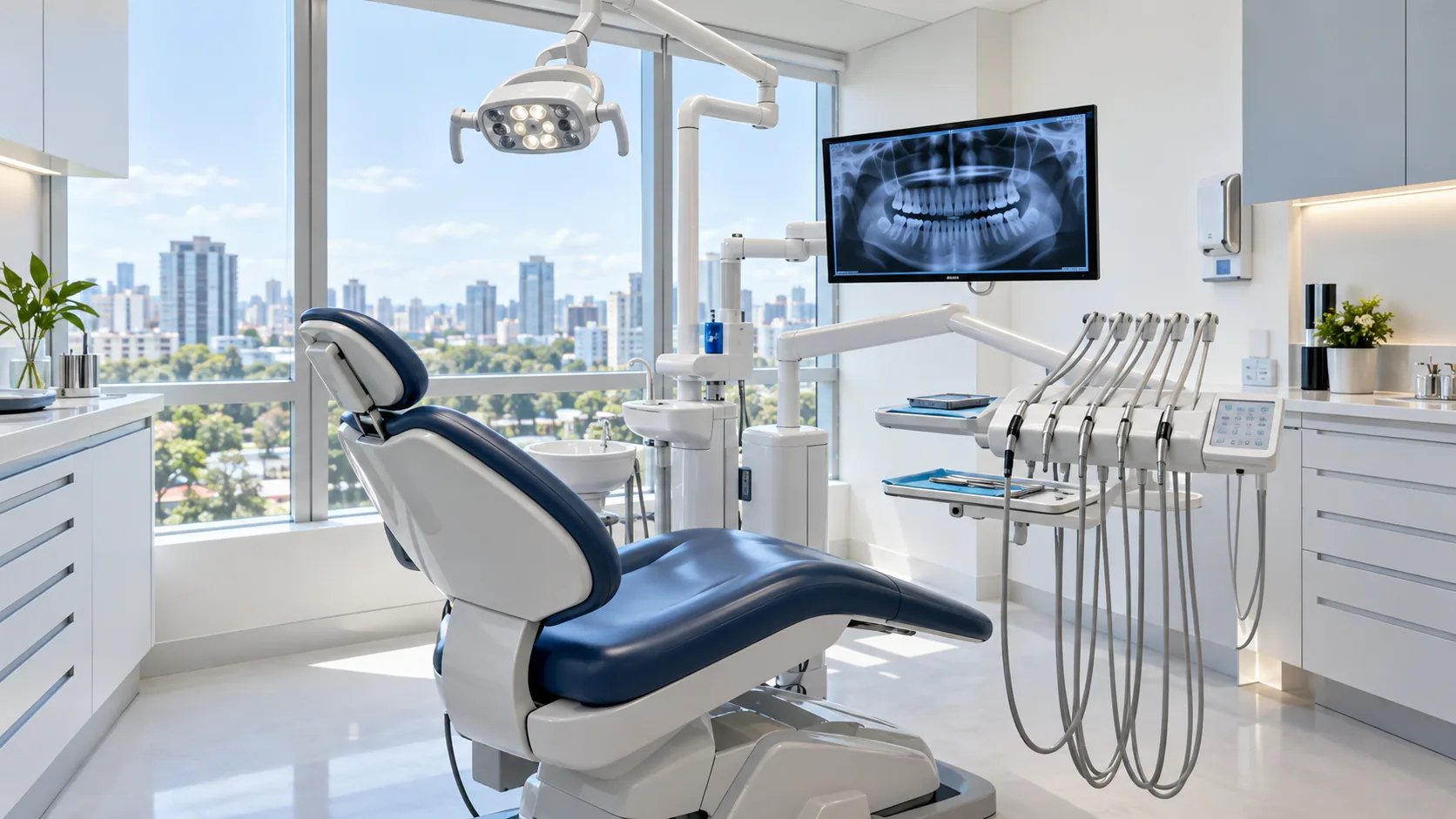 Consultório com cadeira odontológica e equipamento digital
